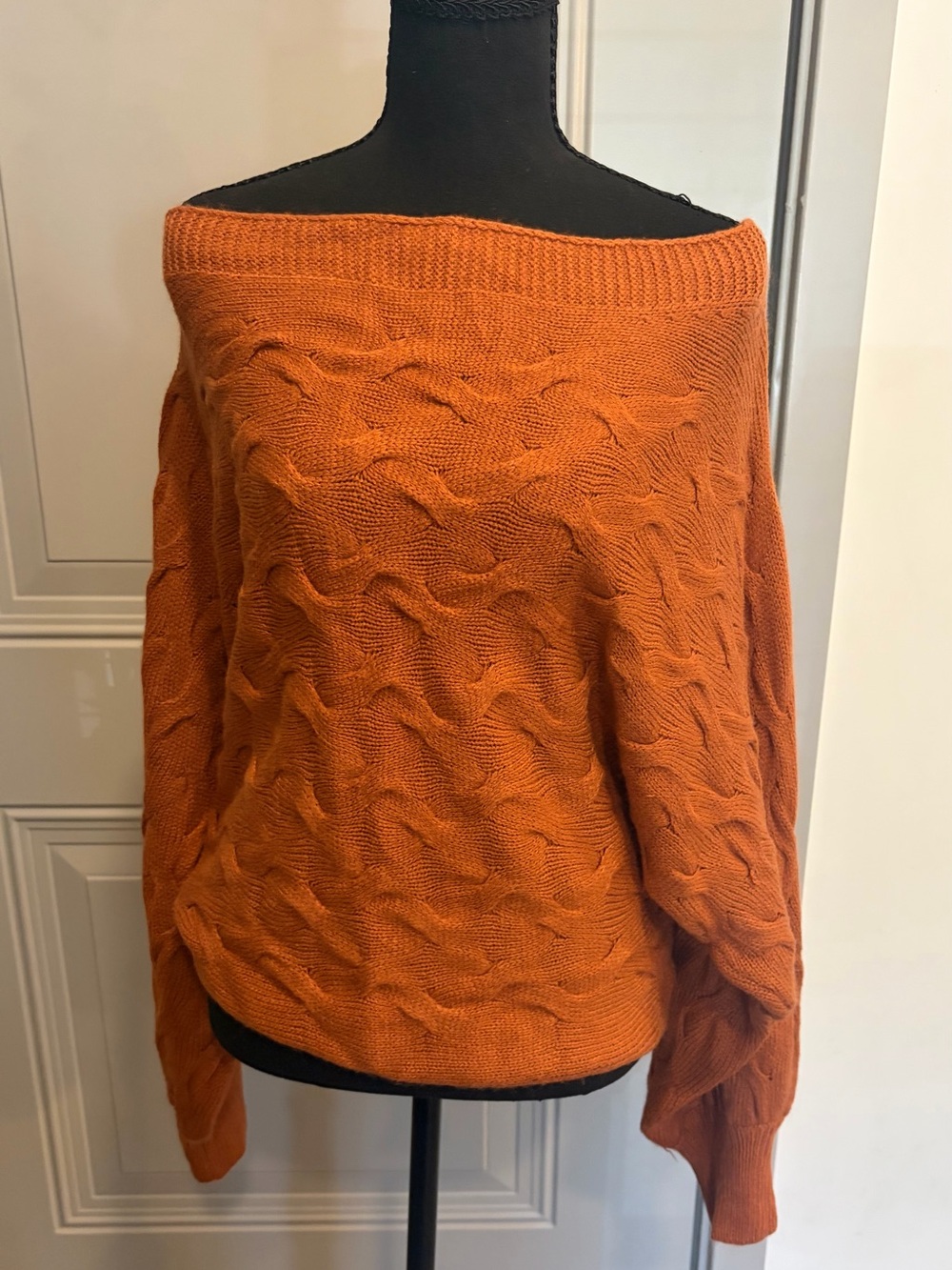 SHEIN Off-Shoulder Cable Knit Sweater in Rust Orange